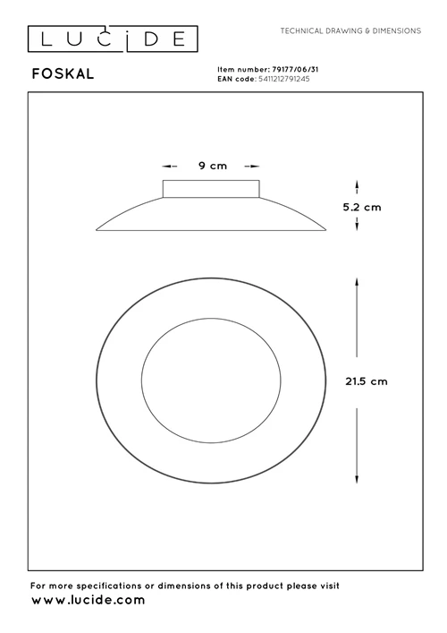 Lucide FOSKAL - Plafonnière - Ø 21,5 cm - LED - 1x6W 2700K - Wit - technisch